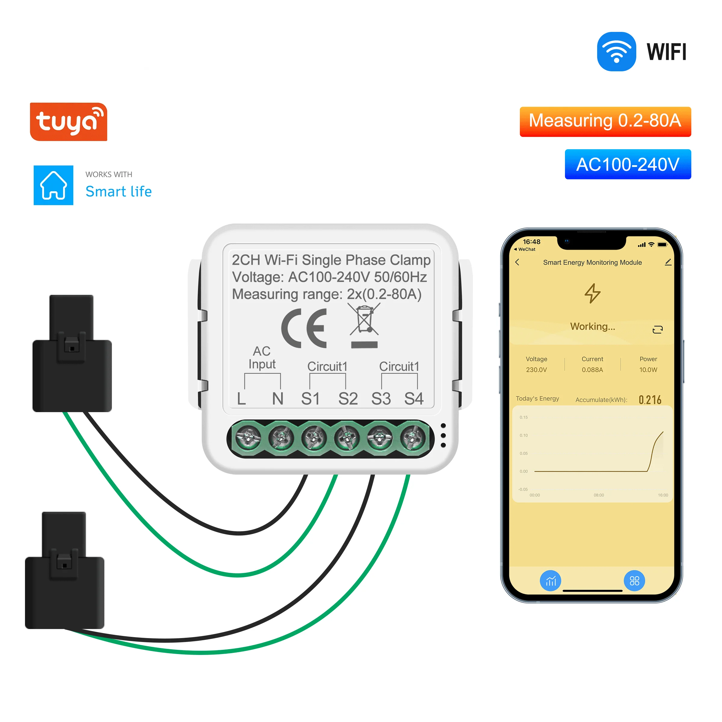 Smart WiFi Power Meter Clamp Smart Home Energy Monitor Echtzeit-Tracking Elektrische Verwendung Bidirektionale Solarnetzmessung Image