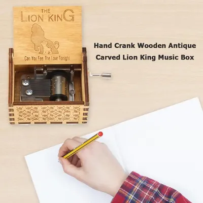 Antique Carved Lion King Music Box Hand Crank Wooden Christmas Gift Home Decor