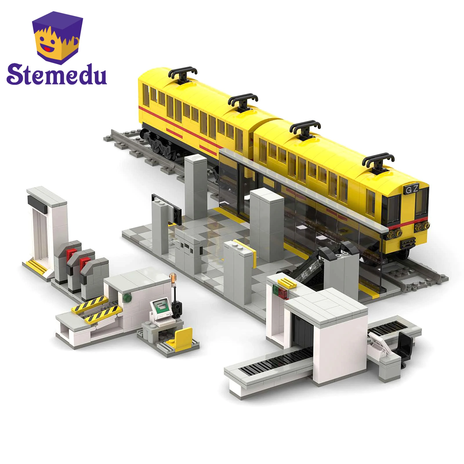 MOC U-Bahn Zug Stadtbahn Bahnhof Tor Sicherheit Checkpoint Modell Bausteine Blöcke Kutsche Simulierte Spielzeug für Kinder Image