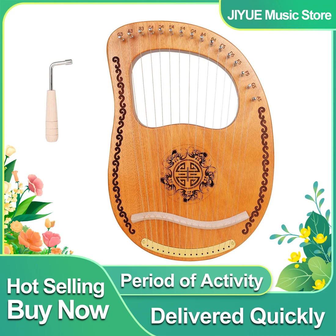 16 Saiten Lyra Harfe Mahagoni G3-A5 Harfe Holz 16 Noten Harfe mit Stimmwerkzeug Saitenmusikinstrument Kinder Erwachsene Anfänger Image