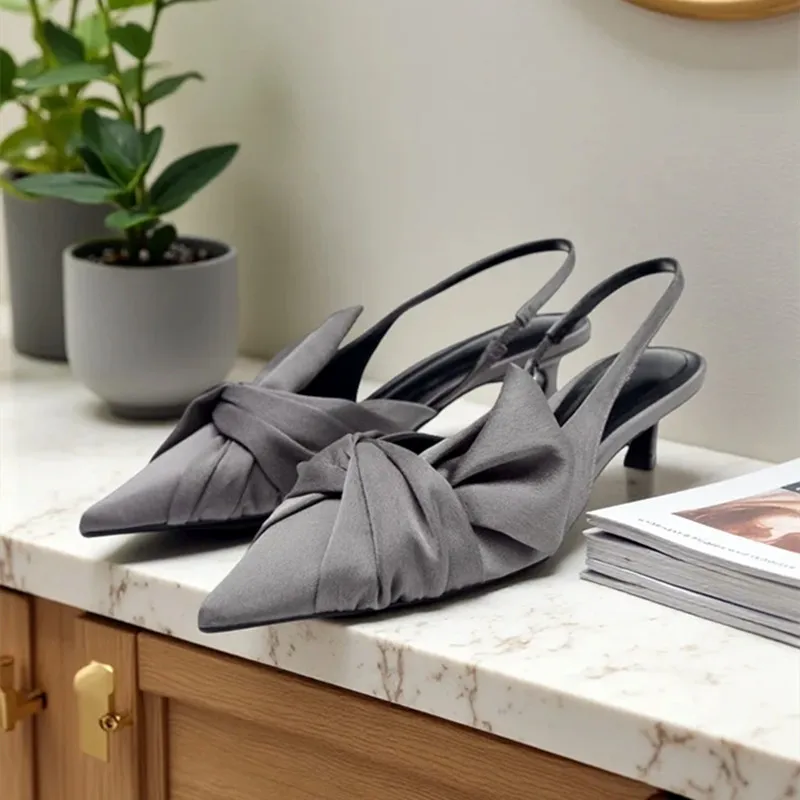 Elegant Gray Kitten Heel Slingback Strap Pumps Women Sexy Pointed Toe Satin Knot Heeled Sandals Fashion Office Designer Shoes