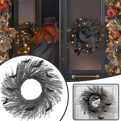 Halloween Wreath with Lights Pre-lit Halloween Wreaths for Front Door OutsideBlack Halloween Door Wreath Lighted Wreath Outdoor Halloween Decorations Home Holiday Party Props Halloween Decor