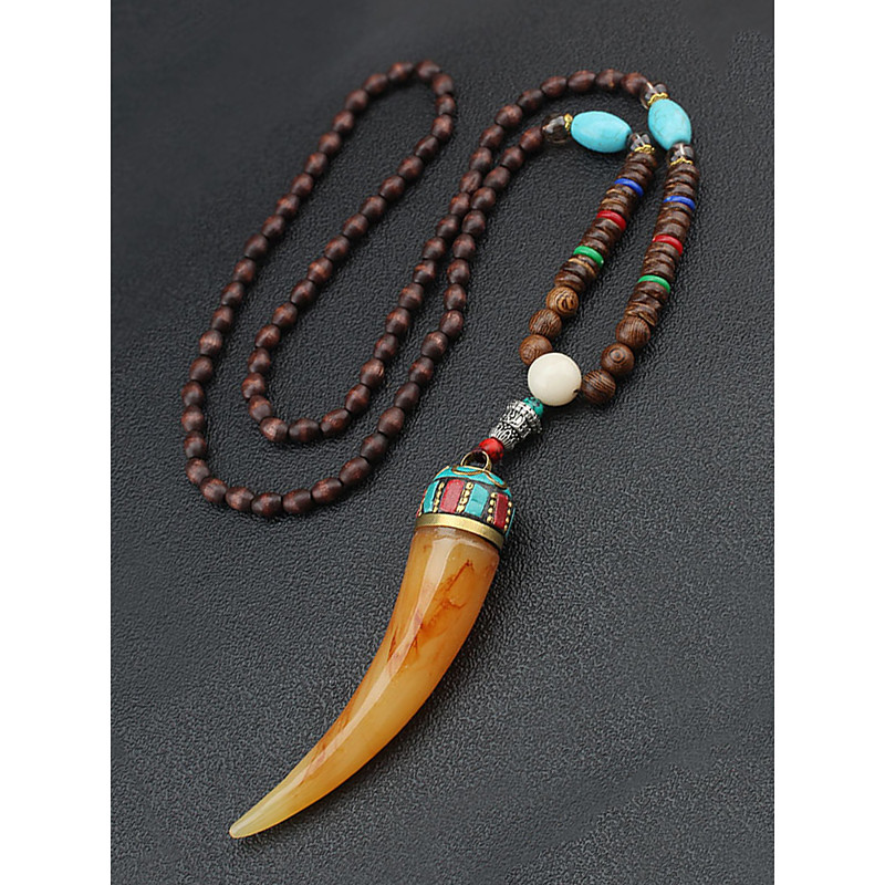 Men's Tribal Beaded Pendant Necklace – Handmade Ethnic Wooden Beads with Turquoise Accents, Bohemian Style for Casual Wear, Yoga, Meditation or Festival Outfits