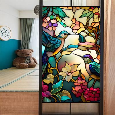 Stained Glass Window Film Colorful Retro Flower Birds Window Glass Electrostatic Stickers Removable Window Privacy Stained Decorative Film for Home Office