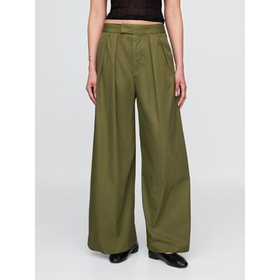 Gap Olive Green Cotton High Waisted Pleated Wide-Leg Chino Trousers