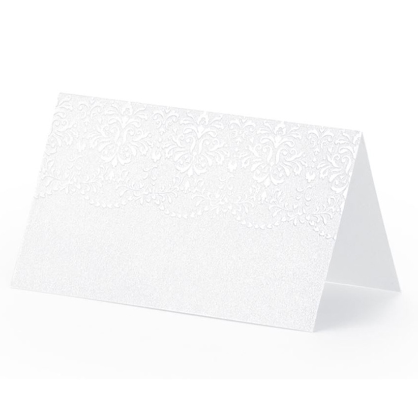 PartyDeco 10 Platzkarten mit Muster 5x8cm - Tischkarten Hochzeit Geburtstag Taufe Konfirmation Tischdeko Tischkärtchen Namenskarten Platzkärtchen blanko Weiß Image