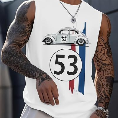 TEMU Men's Vintage 53 Print Sleeveless Tank Top - White With Accents, Polyester Knit, Stretch, , Casual And Sports, Summer Wear Tee | Racing Stripe Style | Graphic Te Image