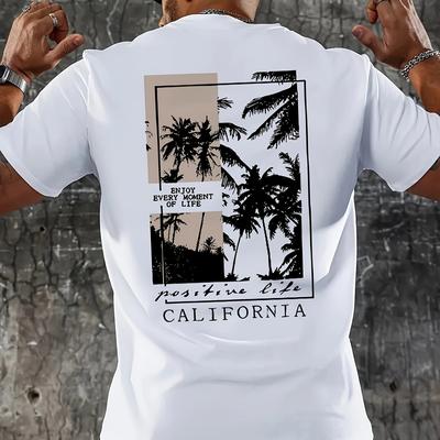 TEMU Mbdmbd Men's Casual California Palm Tree Print T-shirt- Comfortable Polyester Blend, Stretchy Short Sleeve Crew Neck Tee, Machine Washable, Ideal For Summer Image