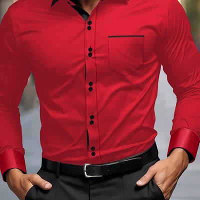 TEMU Red Dress Shirt With Chest Pocket - Stylish Color Block, Long Sleeve, Polyester, Slim Fit, Casual Attire, Casual Attire|color Block Shirt|polyester Image