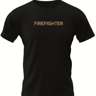 TEMU Firefighter Print Tee Shirt, Men's Casual Round Neck Short Sleeve T-shirt, Outdoor Comfy Top For Summer Image
