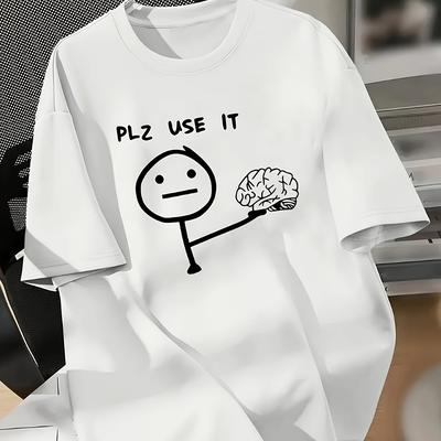 "TEMU Men's Humorous "plz " Graphic Crew Neck T-shirt - Soft Polyester Knit With Stretch, Regular Fit Casual Tee For Casual Attire, Machine Washable & , Leisure Clothing | Design | Durable Fabric" Image