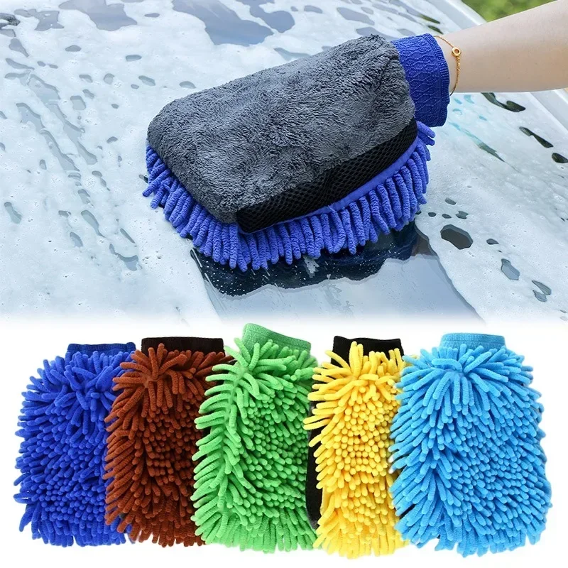 5Pcs Mikrofaser Auto Waschen Handschuhe Chenille Wasserdichte Mitt Weiche Mesh Doppelseitigen Handschuh Mitt Wachs Detaillierung Pinsel Auto Reinigung werkzeug Image
