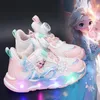 Disney Mädchen Freizeitschuhe Led Lichter Kinder Sport Prinzessin Elsa Rosa Lila PU Leder Schuhe
