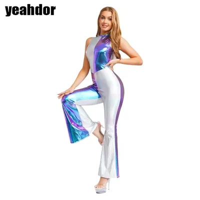 Damen 70er-Jahre-Disco-Tanz-Kostüm, metallisch glänzender Overall, ärmellos, Schlaghose, Body, Image