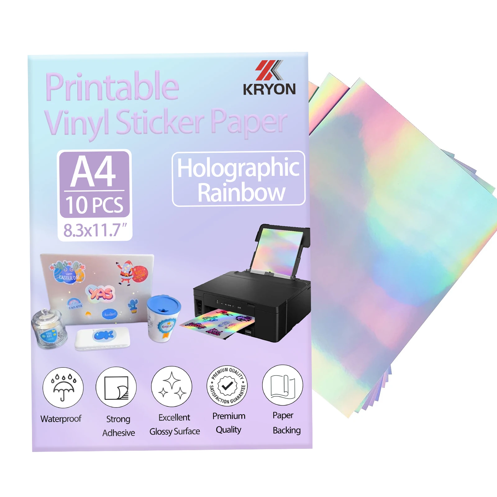 A4 10 Stück Regenbogen-holografisch bedruckbares Aufkleberpapier für Tintenstrahl- und Laserdrucker, Vinyl-Aufkleber, bedruckbares Papier, 8,3 x 11,7 Zoll Image