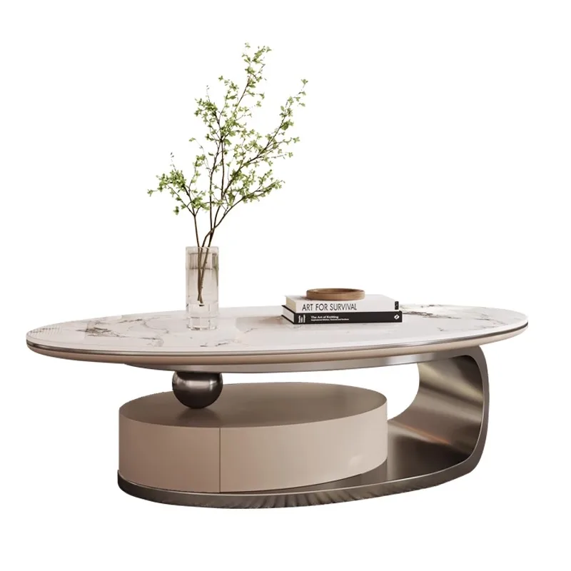 Luxuriöses ovales Couchtisch-Set aus Marmor, Edelstahl, Aufbewahrung, elegantes Design, Zuhause, Wohnzimmer, Sofa, Mittelmöbel, Dekoration