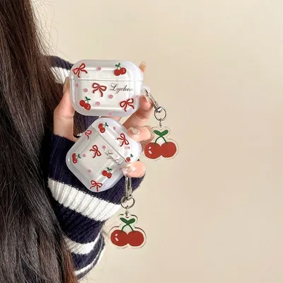Kirschblüten-Schleifen-Kopfhörerhülle für AirPods 4, 3, 2, 1, transparente TPU-Kopfhörerhülle für Airpods Pro 2 1, Schutzhülle mit Anhänger Image