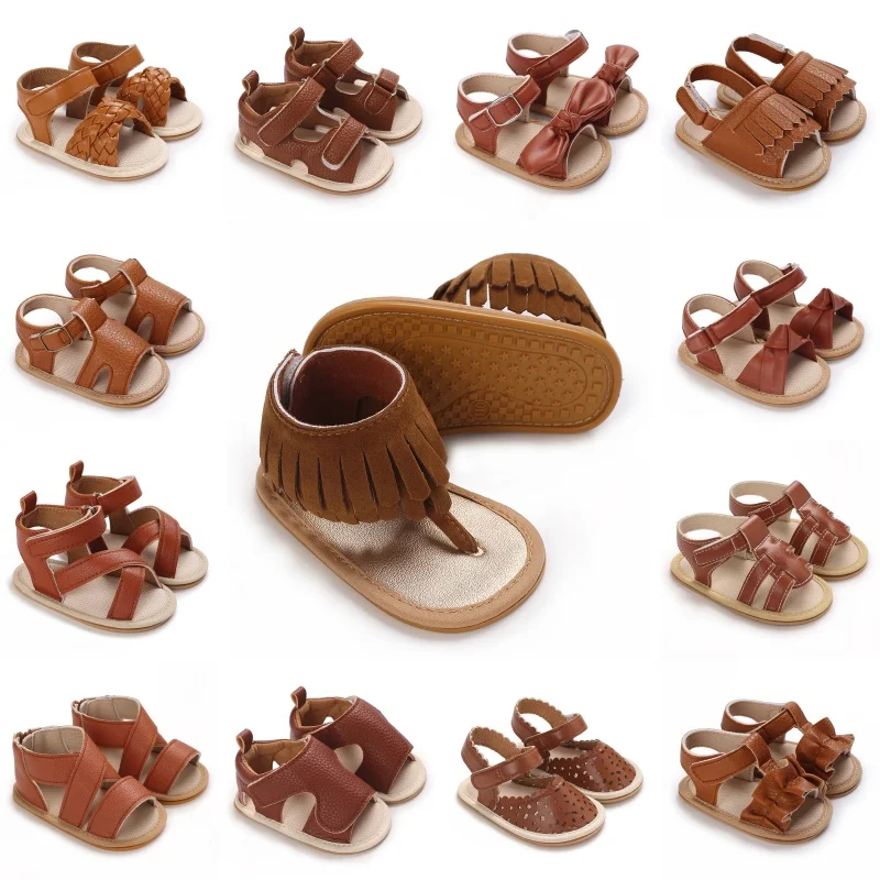 Braune Sommer-Sandalen für Neugeborene, 0–18 Monate, niedliche Schleife, weiche Gummisohle, rutschfest, atmungsaktiv, erste Paar Wanderschuhe für Babys Image