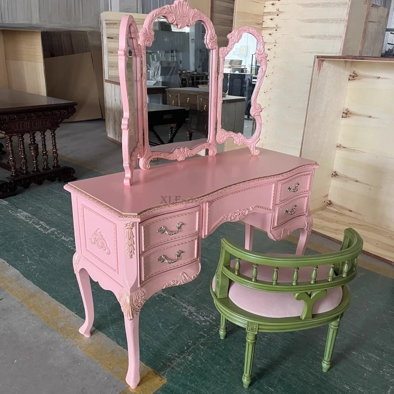 Retro und alte rosa Kommode Nordic Make-up Hocker Glas Kombination europäischen Massivholz Schnitzerei Blumen Schminktisch