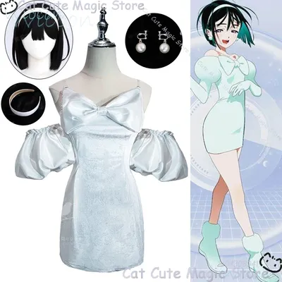 Anime Sua Alien Bühne Cosplay Kostüm Schwarze Perücke Weißes Kleid Uniform Prop Handschuhe Image