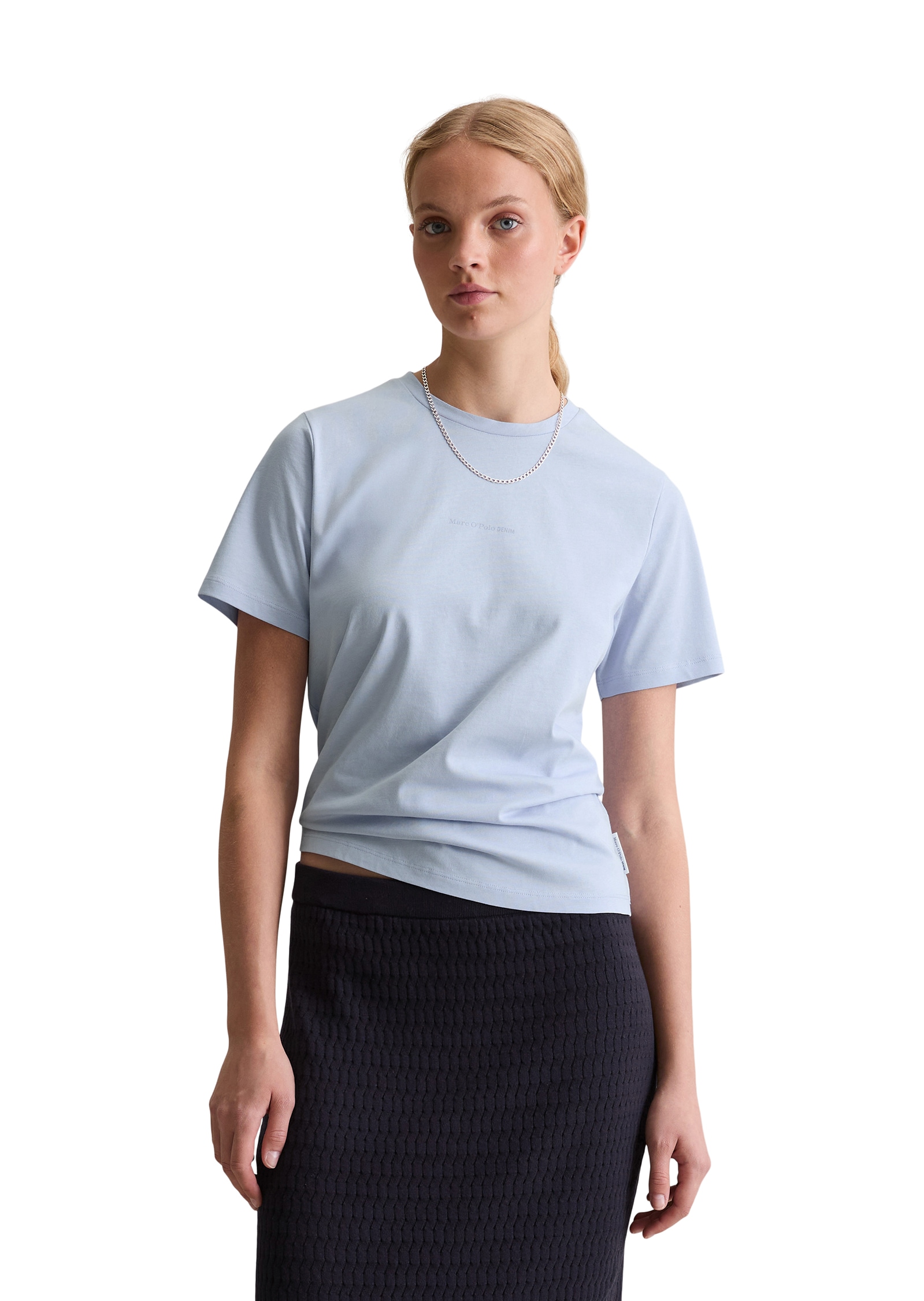 T-Shirt MARC O'POLO DENIM, Damen, Gr. L, blau (pearl blau), Single Jersey, Obermaterial: 100% Baumwolle, regular fit, Rundhals, Shirts T-Shirt, Basic, kleiner Markenprint, reugular fit