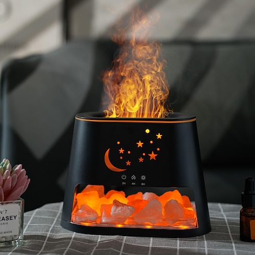 1 Stück Aromatherapie-Maschine aus natürlichem Stein, Luftbefeuchter, buntes Flammen-Atmosphärenlicht mit ätherischem Ölzusatz, hohler Stern, Mond, Salzstein, dekoratives Licht, Fernbedienung, Timing, Image