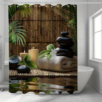 TEMU 1pc Theme Shower Curtain, Stones, Candles, Bamboo Curtain And Water Pattern, Relaxing Meditation Home Decor -fabric (includes 12 Hooks) Image