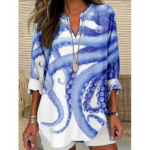 Damen Bluse Grafik Stilvoll Modern Langarm V Ausschnitt Normale Oberteile Täglich Ferien Druck Schwarz Blau Sommer