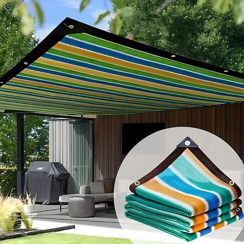 Sonnenschutznetz, hochdichtes, atmungsaktives, bunt gestreiftes, strapazierfähiges Sonnenschutztuch aus Kunststoff für Terrasse, Picknick, Carport, Garten, Verandamarkise Image