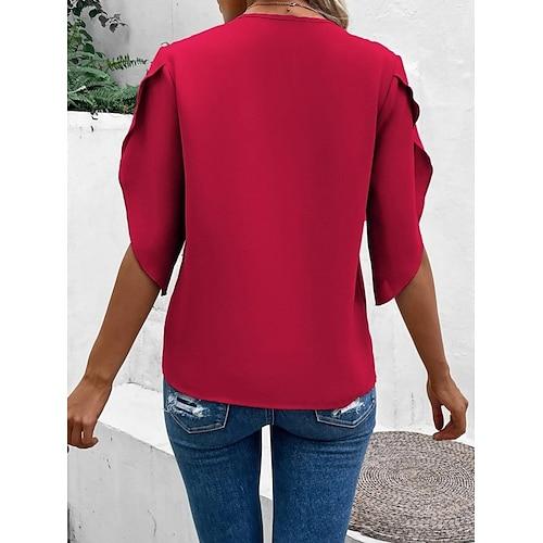 Damen Oberteil mit Spitzenspleiß Einfarbig Elegant Stilvoll Basic Dreiviertelarm V Ausschnitt Normale Oberteile Täglich Spitze Patchwork Schwarz Rote Khaki Sommer Frühling