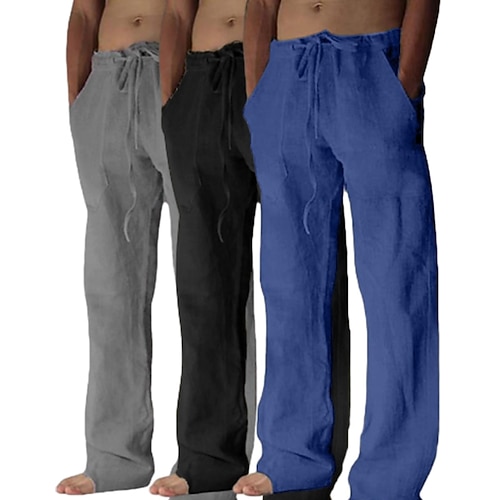 Herren Leinenhosen Hose Sommerhose Baggy-Hosen Strandhose Kordelzug Tasche Mehrfachpackung Einfach Komfort Leicht Volle Länge Yoga Lässig Täglich Urlaub Klassicher Stil Lässiger Schnitt Khaki Wei Image