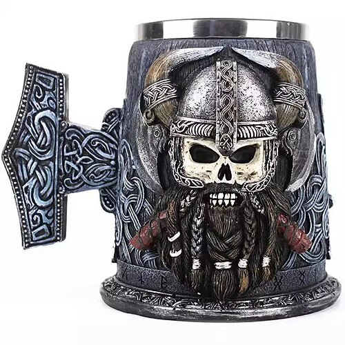 Wikinger-Totenkopf-Bierkrug, Oktoberfest-Geschenkbecher, mittelalterliche nordische Piraten-Kaffeetasse mit 3D-Wikinger-Kriegerstatue, gotischer Skelett-Krug für Bar oder Geschenk Image