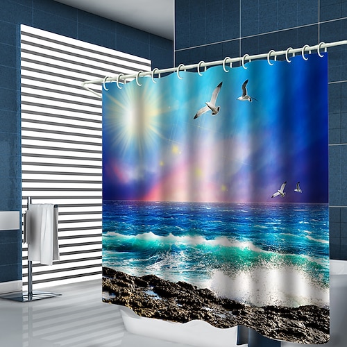 Meerwasserpflanze Landschaft Druck mit Haken Duschvorhang moderne Polyester Bearbeitung wasserdicht Badezimmer Image