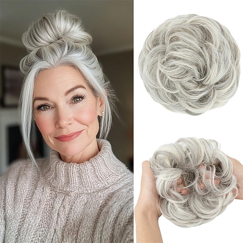 großes, unordentliches Dutt-Haarteil, gewellte, lockige Haargummis, synthetische Chignon-Pferdeschwanz-Haarverlängerungen, dicke Hochsteckfrisur-Haarteile für Frauen, grau-multi Image