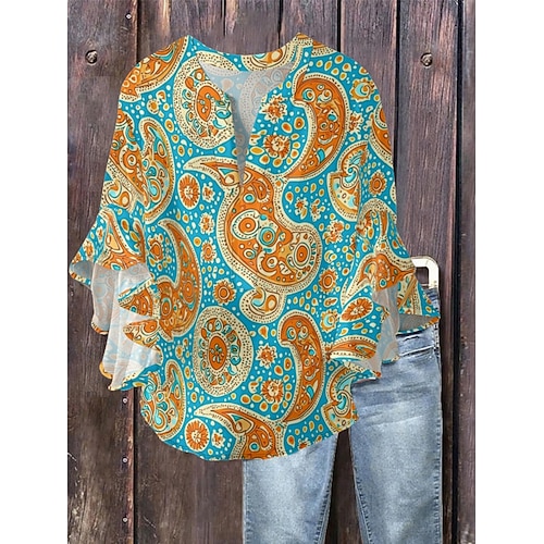 Damen Bluse Rüsche Druck Paisley-Muster Ethnisch Retro Vintage Dreiviertelarm V Ausschnitt Normale Oberteile Täglich Ferien Blau Schwarz Lavendel Purpur Grün Sommer Image