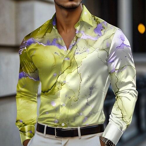 Herren Geometrisch Marmor Abstrakte Kunst Satinhemd Kleidhemd Langarm Modisch lässig Urlaub Ferien Sommer Frühling Herbst Umlegekragen 3D-Druck Hemden mit Knopfleiste Gelb Blau Purpur Braun