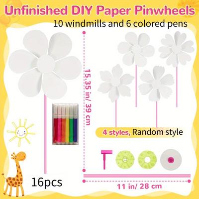TEMU 16pcs Diy Paper Pinwheels Colour Pens Bulk Make Your Own Pinwheel White Blank Paper Pinwheels Paper Craft Kits For Summer Activities Group Daycare Home Project