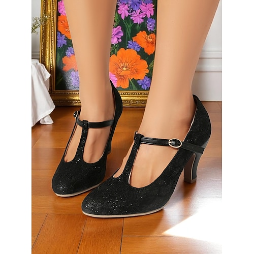 Damen elfenbeinfarbene Spitzen T-Strap Mid-Heel Pumps - 1920er Vintage Gatsby Flapper Hochzeitschuhe für Bräute und formelle Anlässe Image