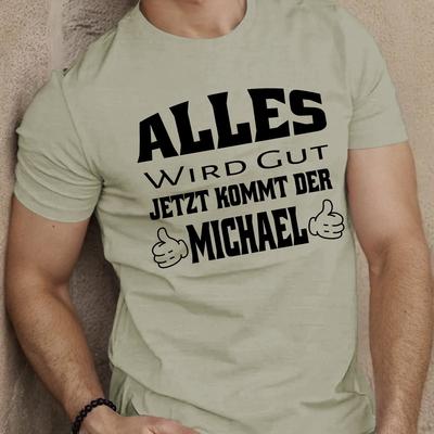 "TEMU Men's "jetzt Into Michael" Graphic T-shirt - Black Casual Summer Tee With White Lettering, Short Sleeves, And Round Neck - Soft Polyester Blend For Casual Attire" Image