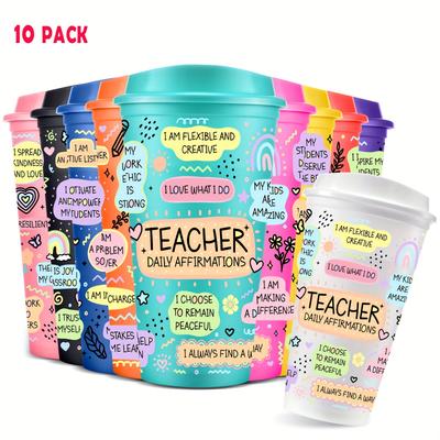 TEMU 10pcs Teacher Appreciation Tumblers With Lids - 16oz Colorful Inspirational Quotes, Leak-proof Plastic Cups For Coffee, Iced Drinks - Ideal For Back To School, Teacher's Day, Women's Gifts Image