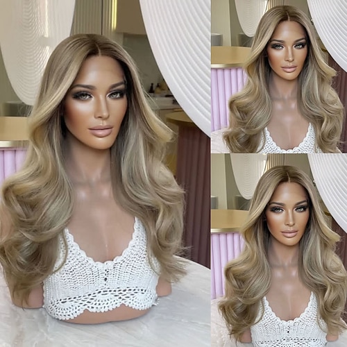 brasilianisches Remy-Menschenhaar, 5x5-Verschluss, klebefreie Perücken, gewellt, 13x4-Spitzenfrontperücke, gewellte blonde Strähnchenperücke aus Menschenhaar mit Babyhaar Image