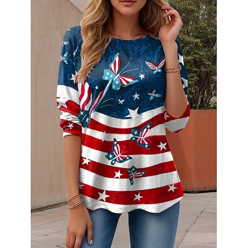 Unabhängigkeitstag patriotisches Frauen T-Shirt Grafik Flagge Vintage stilvoll lässig reguläre Oberteile täglich Wochenende Druck Rot Blau Staubblau Sommer Image