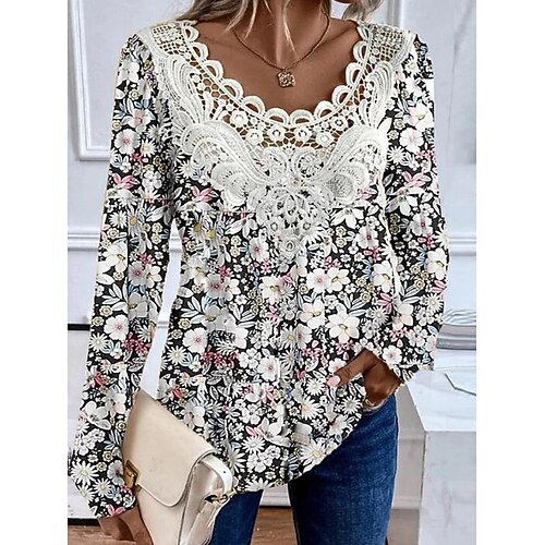 Damen Oberteil mit Spitzenspleiß Blumen Stilvoll Ethnisch Lässig Langarm V Ausschnitt Normale Oberteile Täglich Spitze Patchwork Druck Schwarz Gelb Rosa Blau Sommer Frühling