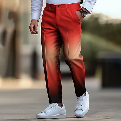 Herren Farbverlauf Anzughose Hose Mittlere Taille Lässig Outdoor Urlaub Normale Passform Flache Front Gerade geschnittene Hose mit Taschen Sommer Frühling Herbst 3D-Druck Rote Image