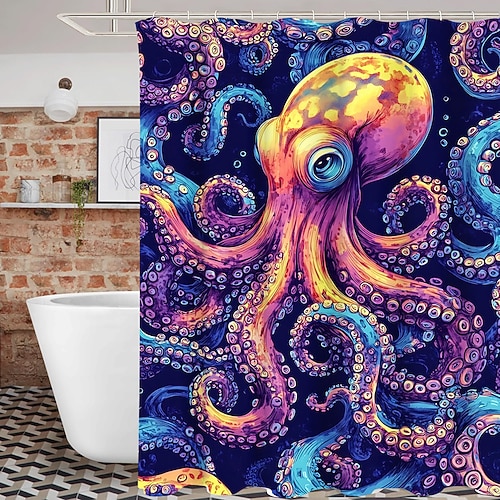 Duschvorhang mit Meerestier-Schildkröte und Haken für Badezimmer, Duschvorhang, Badezimmer-Dekor-Set, Polyester, wasserdicht, 12 Stück, Kunststoffhaken Image