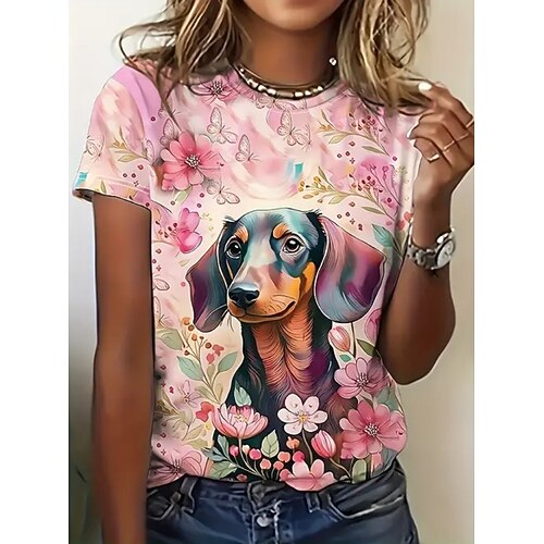 Damen T Shirt Druck Grafik Tiermotiv Katze Vintage Stilvoll Klassisch Kurzarm Rundhalsausschnitt Normale Oberteile Täglich Wochenende Weiß Rosa Purpur Khaki Sommer Frühling Image
