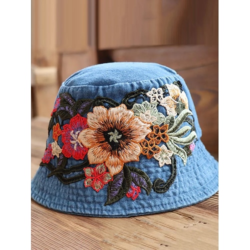 Damen-Bucket-Hut aus besticktem Denim – Blumendesign, stylischer Sommerhut, perfekt für Outdoor-Aktivitäten, Strand und Freizeit Image