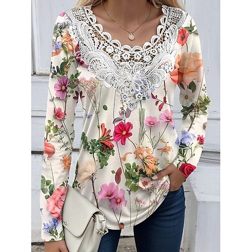 Damen Oberteil mit Spitzenspleiß Blumen Stilvoll Ethnisch Lässig Langarm V Ausschnitt Normale Oberteile Täglich Spitze Patchwork Druck Schwarz Gelb Rosa Blau Sommer Frühling