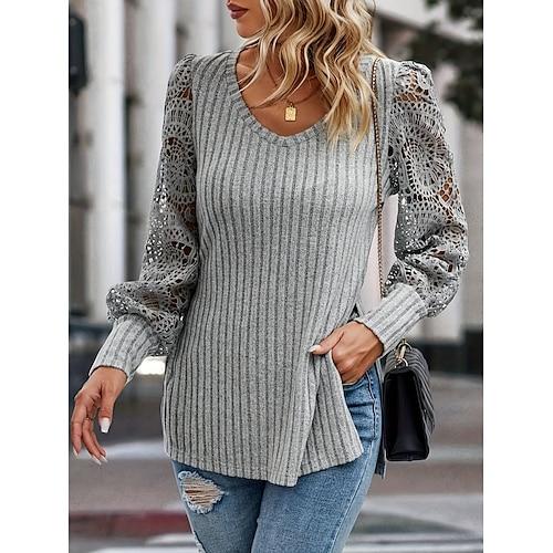 Damen Oberteil mit Spitzenspleiß Einfarbig Stilvoll Lässig Langarm V Ausschnitt Normale Oberteile Täglich Spitze Patchwork Grau Sommer Frühling