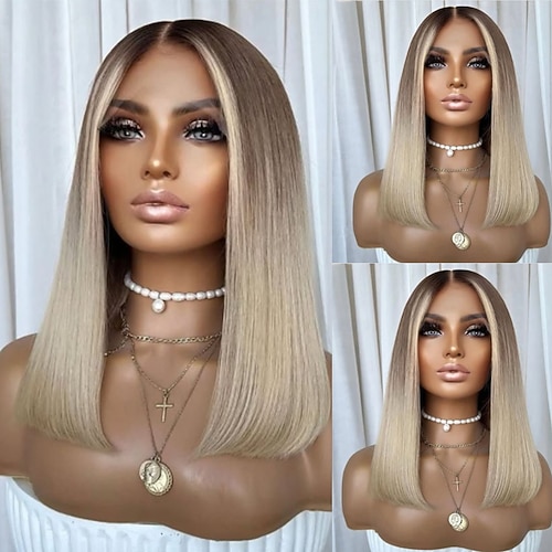 Unbehandeltes Echthaar 5x5 Verschluss 13x4 Spitzenfront Perücke Kurzer Bob Brasilianisches Haar Glatt Blond Perücke 130% 150% Haardichte mit Babyhaaren Ombre-Haar 100% Unbehandelt Kleberfrei Image